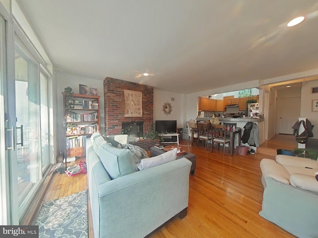 living room featuring a fireplace and light hardwood / wood-style flooring