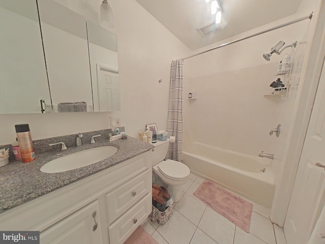 full bathroom with shower / tub combo with curtain, vanity, toilet, and tile patterned flooring