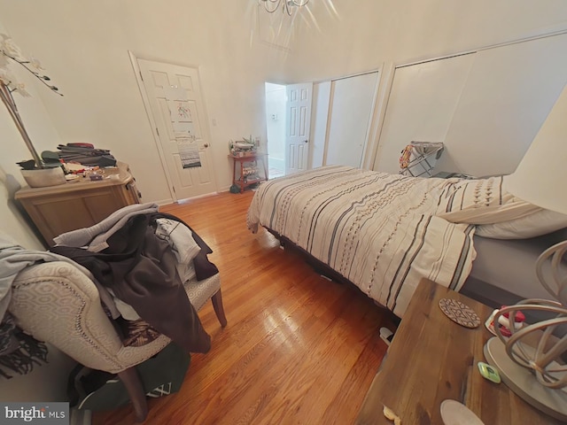 bedroom with two closets and light wood-type flooring