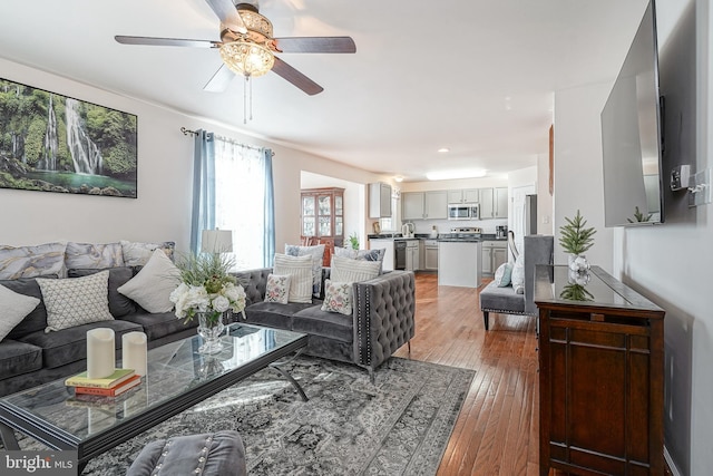 living room featuring dark wood-type flooring and ceiling fan