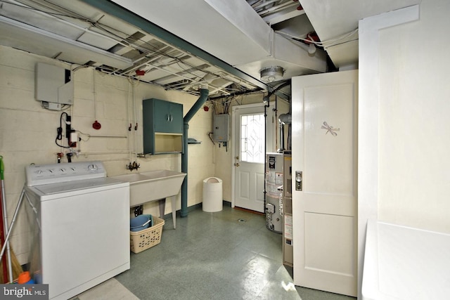 washroom with washer / clothes dryer, gas water heater, sink, and electric panel