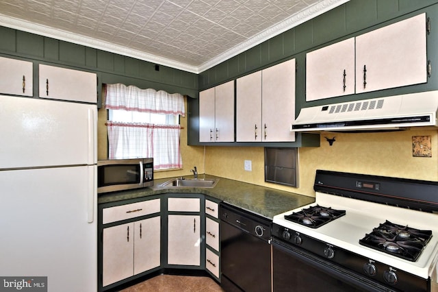 kitchen with sink, gas range, crown molding, white refrigerator, and dishwasher