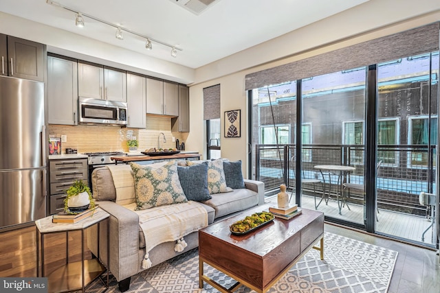 living room with sink and hardwood / wood-style floors