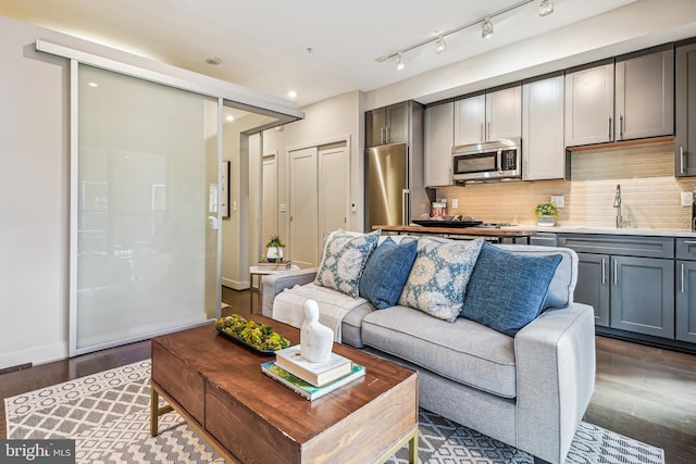 living room with dark hardwood / wood-style flooring and sink