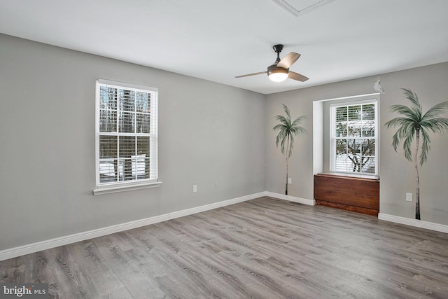 spare room with ceiling fan and light hardwood / wood-style floors