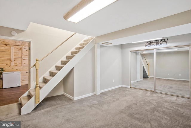 basement with fridge and carpet floors