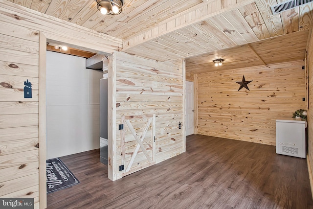 interior space with wood ceiling, wooden walls, and dark wood-type flooring