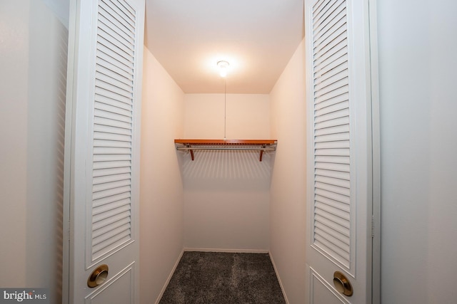 spacious closet featuring dark carpet