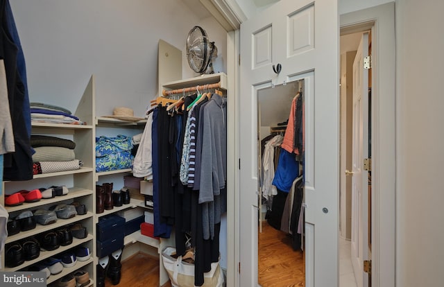 walk in closet with hardwood / wood-style floors