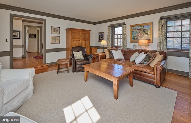 living room featuring ornamental molding and light hardwood / wood-style floors