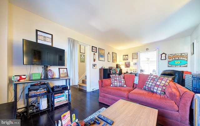 living room with dark hardwood / wood-style floors