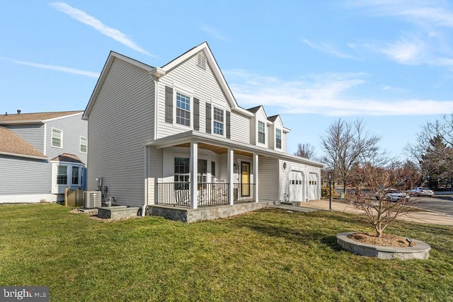 traditional home featuring central air condition unit, a porch, driveway, and a front yard