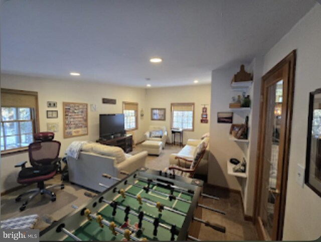 recreation room with carpet flooring