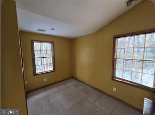 empty room with lofted ceiling and light carpet