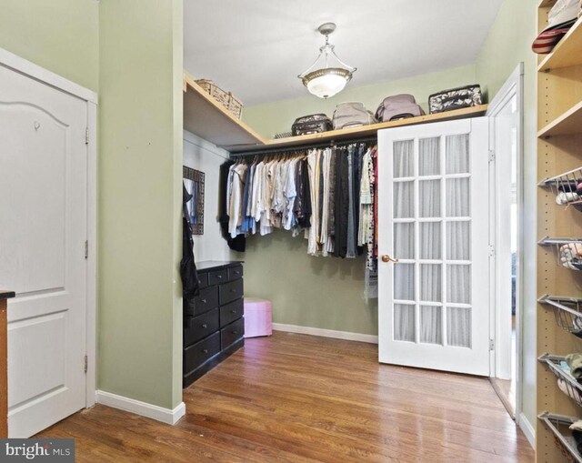 walk in closet with hardwood / wood-style flooring