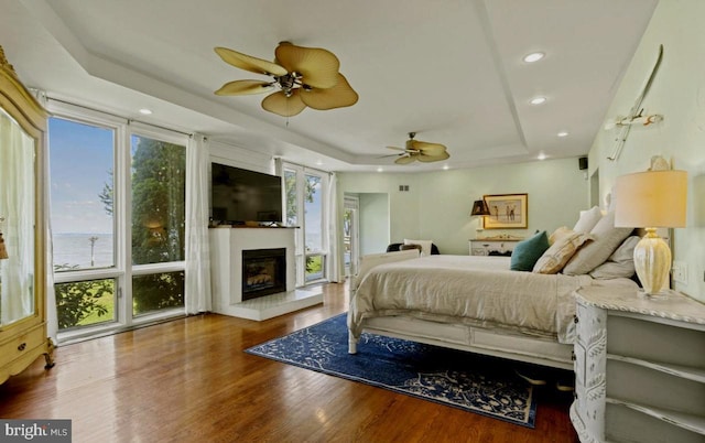 bedroom featuring multiple windows, dark wood-type flooring, a raised ceiling, and ceiling fan