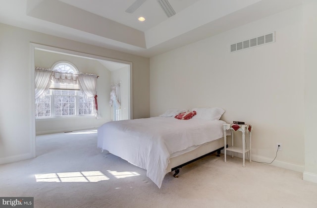 carpeted bedroom with a raised ceiling