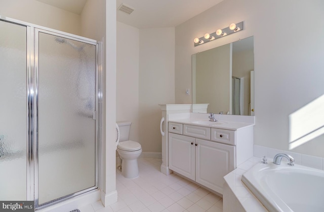 full bathroom featuring vanity, toilet, separate shower and tub, and tile patterned flooring