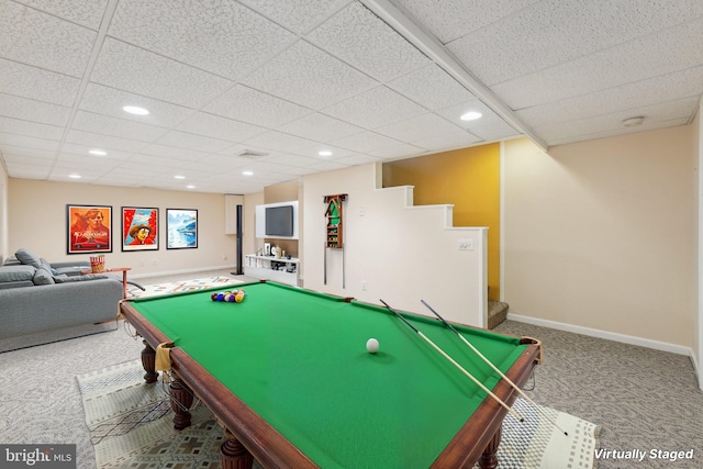 playroom with pool table, carpet floors, and a paneled ceiling