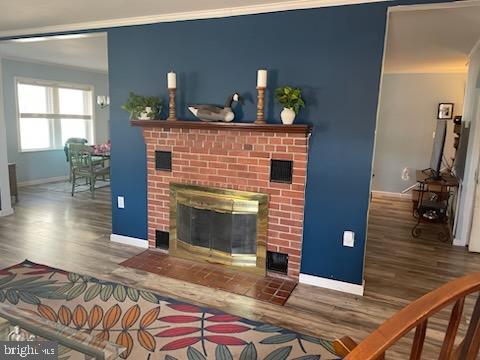 living room featuring a fireplace, ornamental molding, and wood-type flooring