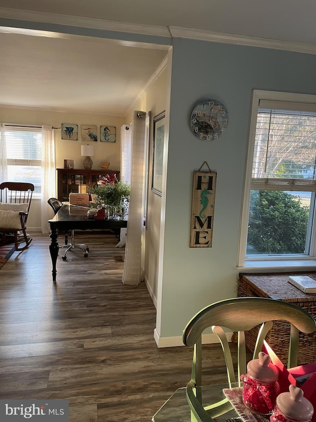 hallway with hardwood / wood-style floors and ornamental molding