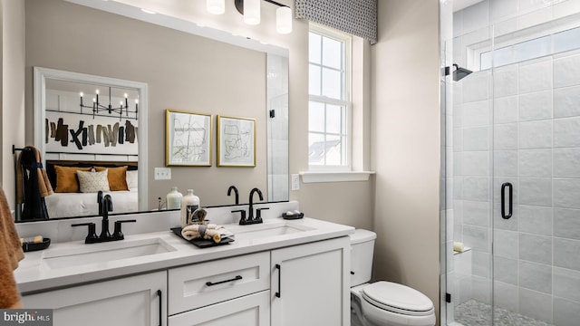 bathroom with vanity, a wealth of natural light, toilet, and walk in shower