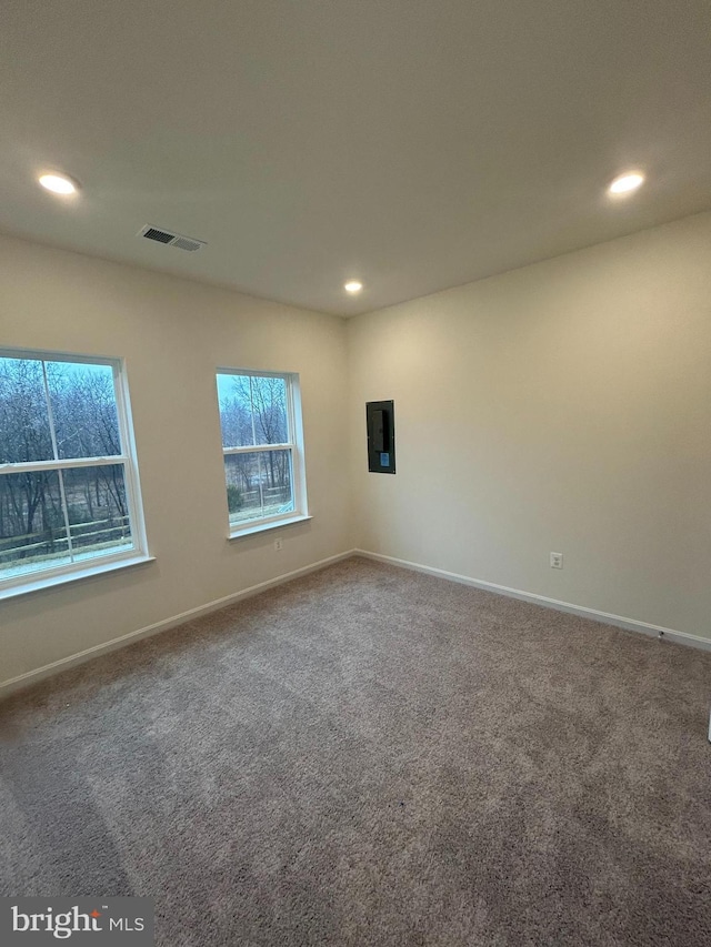 carpeted empty room featuring electric panel