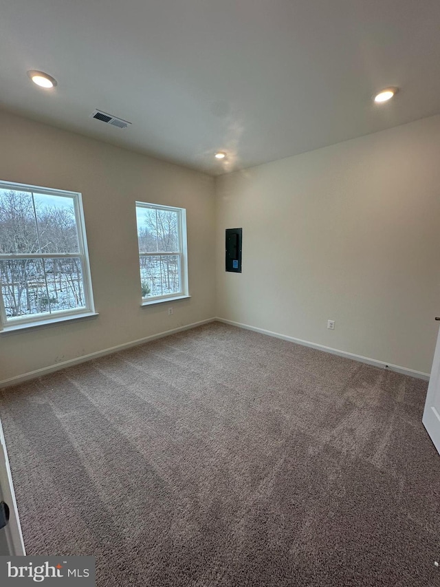 spare room with electric panel and carpet