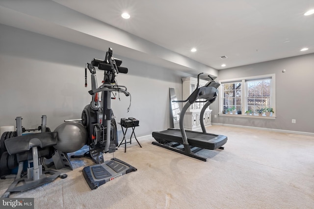 workout area featuring baseboards, carpet floors, and recessed lighting