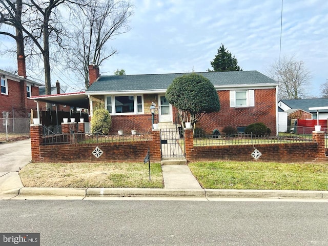 bungalow-style house with a front yard and a carport