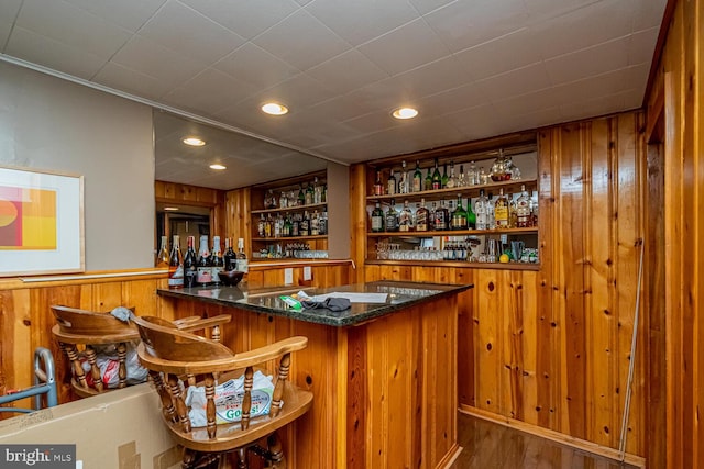 bar with dark hardwood / wood-style flooring, wooden walls, and built in features