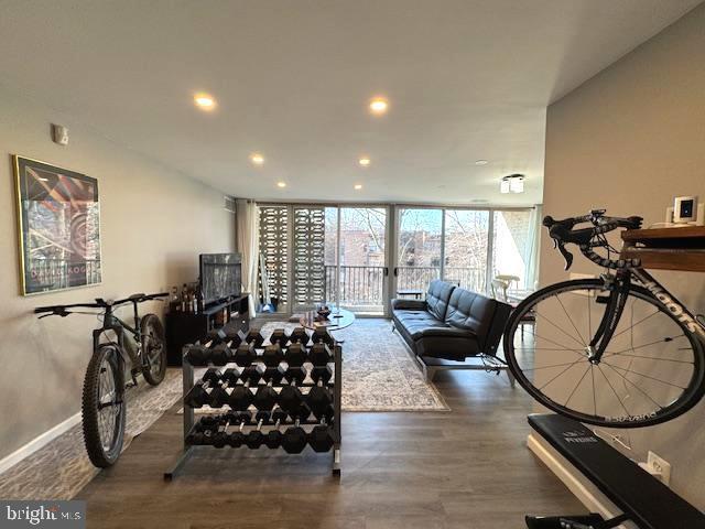 living room featuring dark hardwood / wood-style flooring and a wall of windows