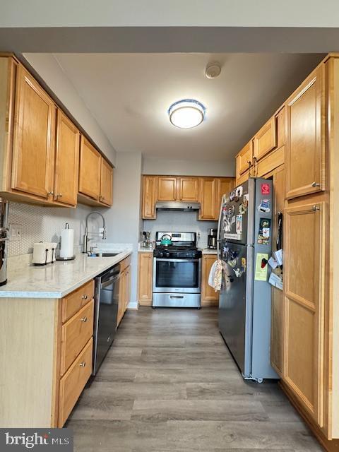 kitchen with appliances with stainless steel finishes, sink, hardwood / wood-style floors, and backsplash