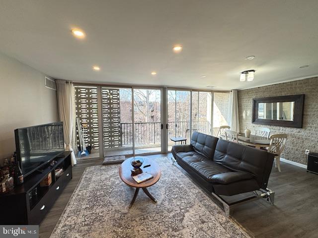 living room with dark wood-type flooring