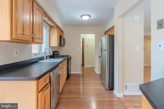 kitchen with appliances with stainless steel finishes, sink, and light hardwood / wood-style flooring