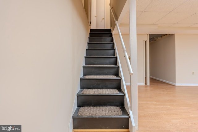 stairway featuring a drop ceiling and hardwood / wood-style flooring