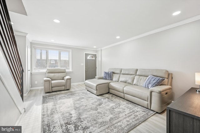 living room featuring ornamental molding and light wood-type flooring