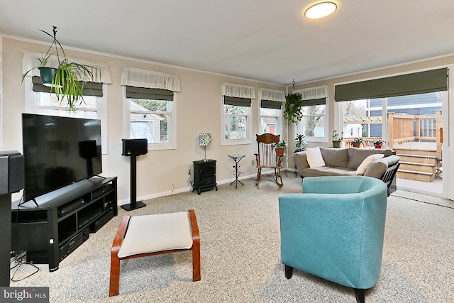 living room featuring a wood stove, baseboards, and ornamental molding