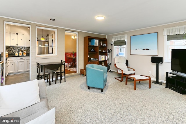 living room with crown molding, baseboards, and carpet floors