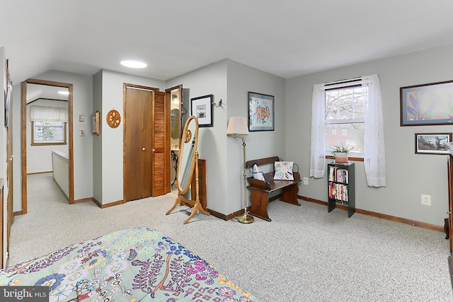 bedroom featuring a closet, baseboards, and carpet