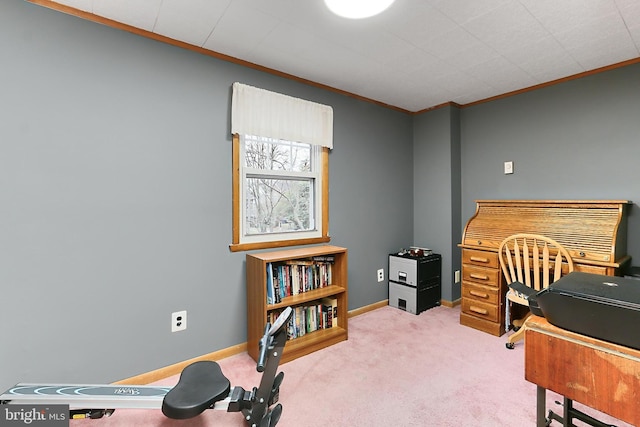 carpeted office with baseboards and ornamental molding