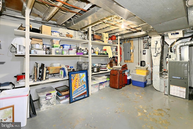 unfinished basement featuring gas water heater and electric panel