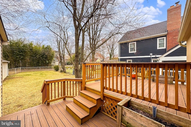 wooden deck with a fenced backyard and a lawn