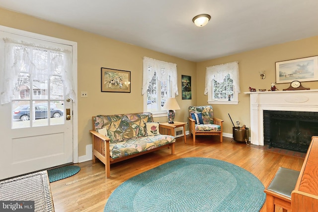 living room with a fireplace with flush hearth, baseboards, and wood finished floors