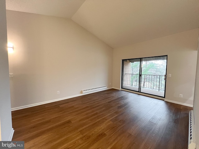 unfurnished room featuring dark hardwood / wood-style flooring, a baseboard radiator, and vaulted ceiling