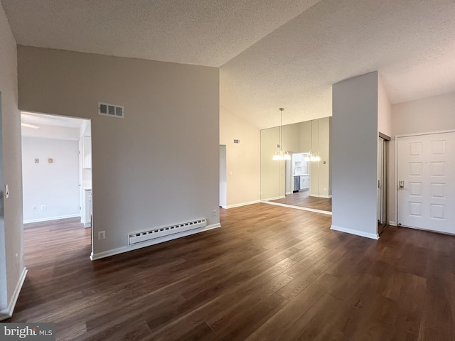 unfurnished living room with a baseboard radiator, high vaulted ceiling, dark hardwood / wood-style floors, and a textured ceiling