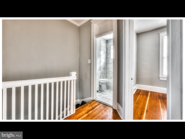 doorway to outside with hardwood / wood-style flooring and ornamental molding