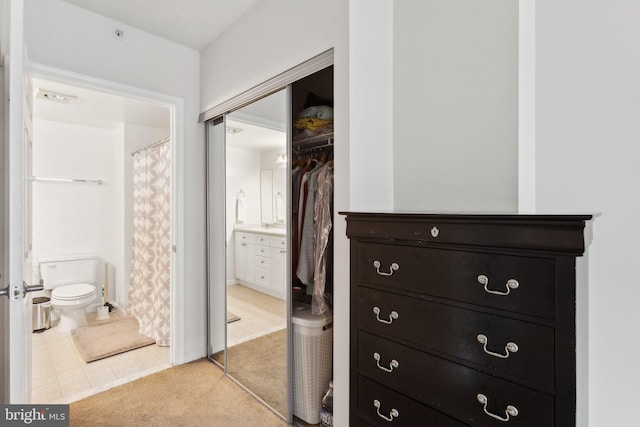 walk in closet with light carpet