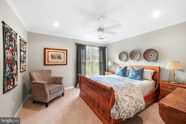 bedroom with light carpet, baseboards, ceiling fan, crown molding, and recessed lighting