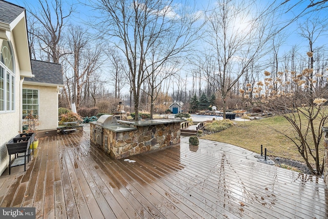 wooden terrace with grilling area and exterior kitchen